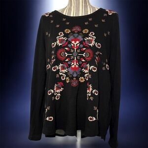 LUCKY BRAND Women's Large Long Sleeve Black Knit Embroidered Sheer Back Top